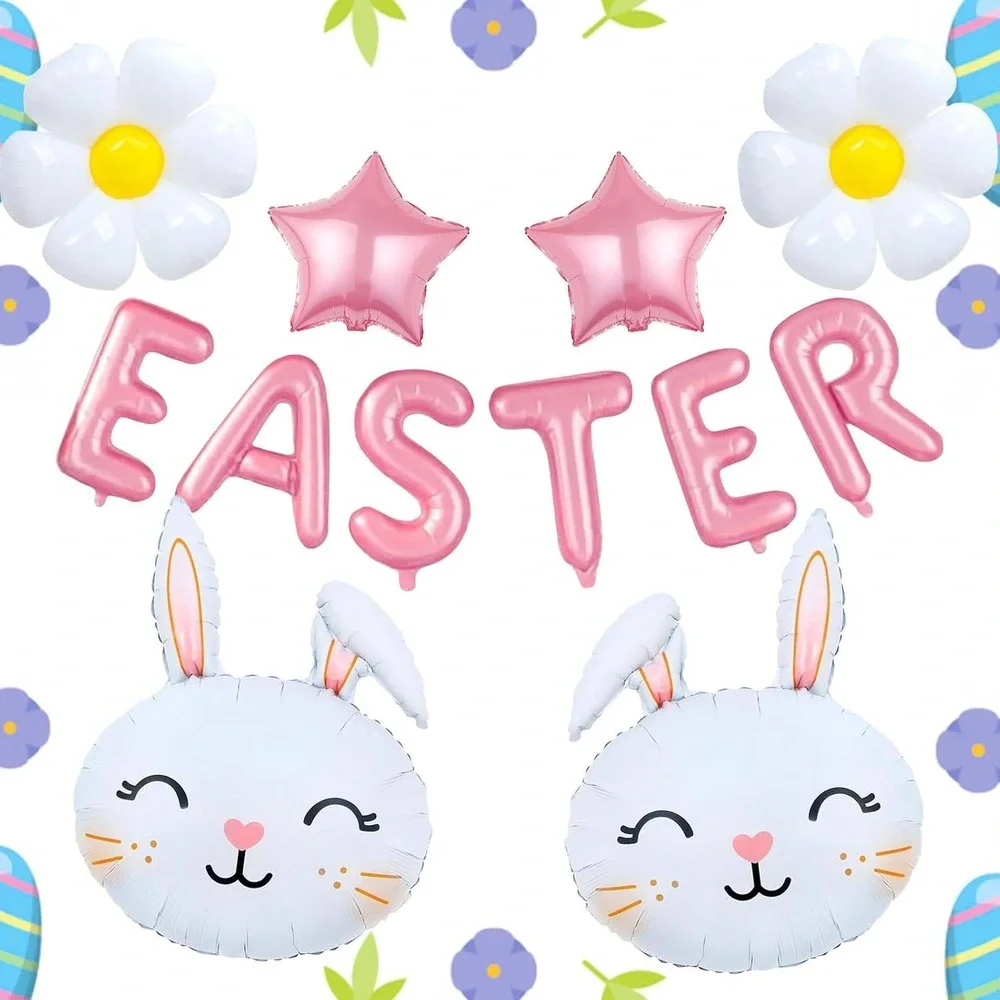 Pink Easter Balloon Kit Bunny Daisy Star Foil Banner Party Decorations 12pc